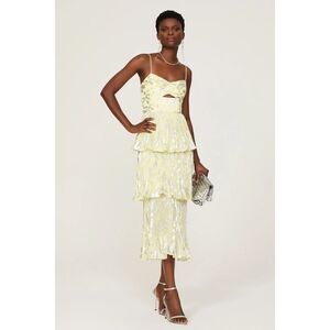 Self-Portrait Metallic Midi Tiered Cocktail Dress Yellow Silver Floral Size 12